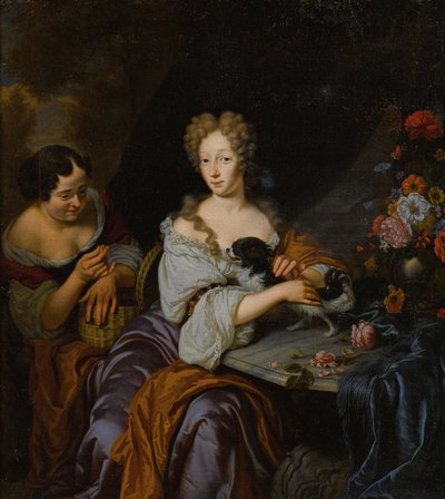 Ritratto di una signora con il suo cane e una cameriera da Michiel van Musscher